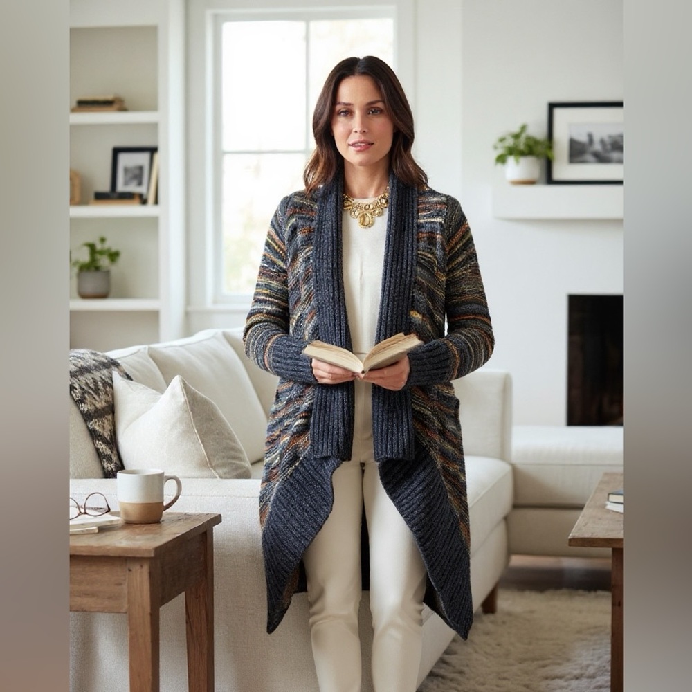 Line Knitwear Blue Striped Asymmetrical Cardigan M